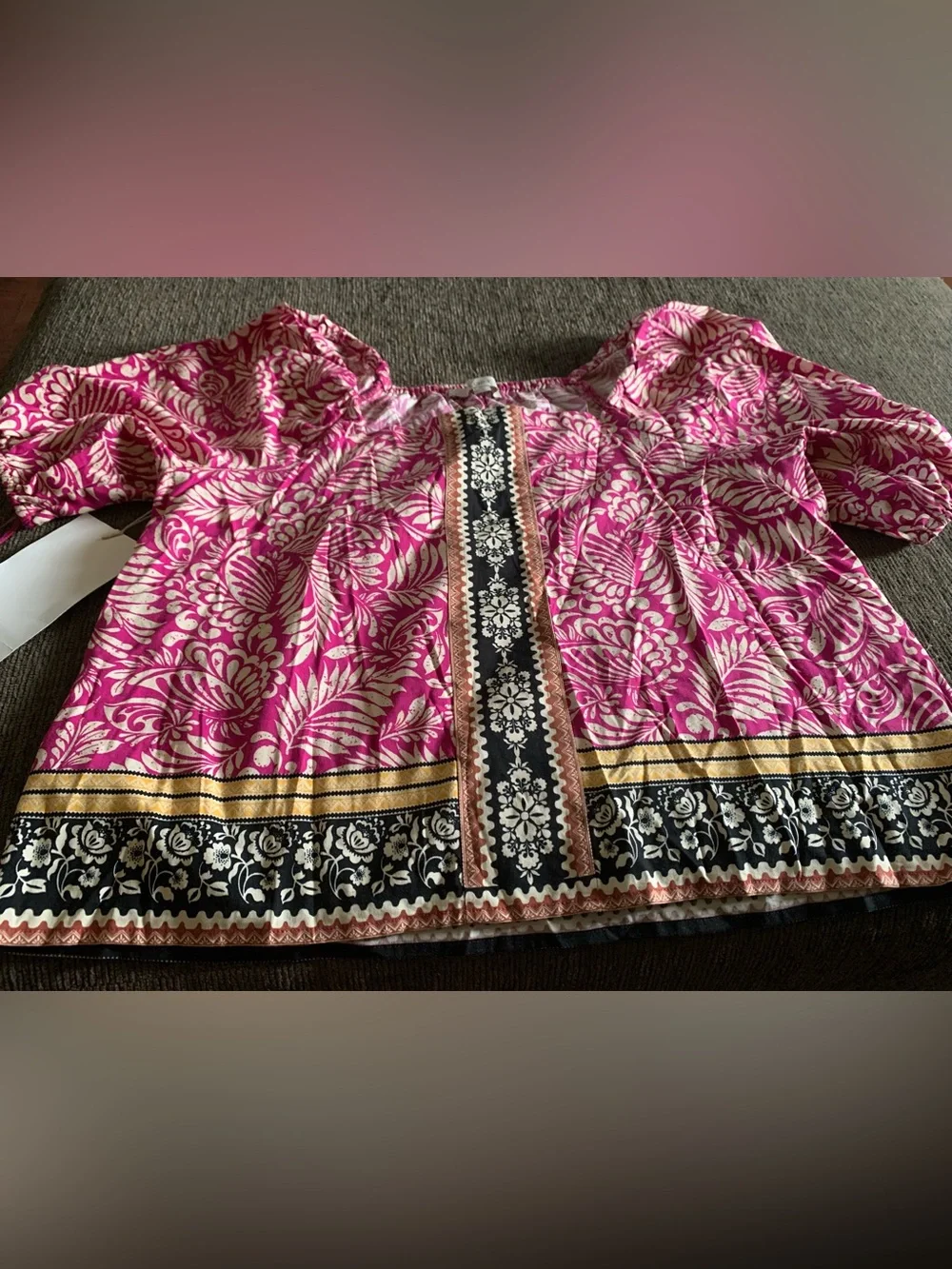 Loft fuchsia floral square-neck bubble sleeve blouse